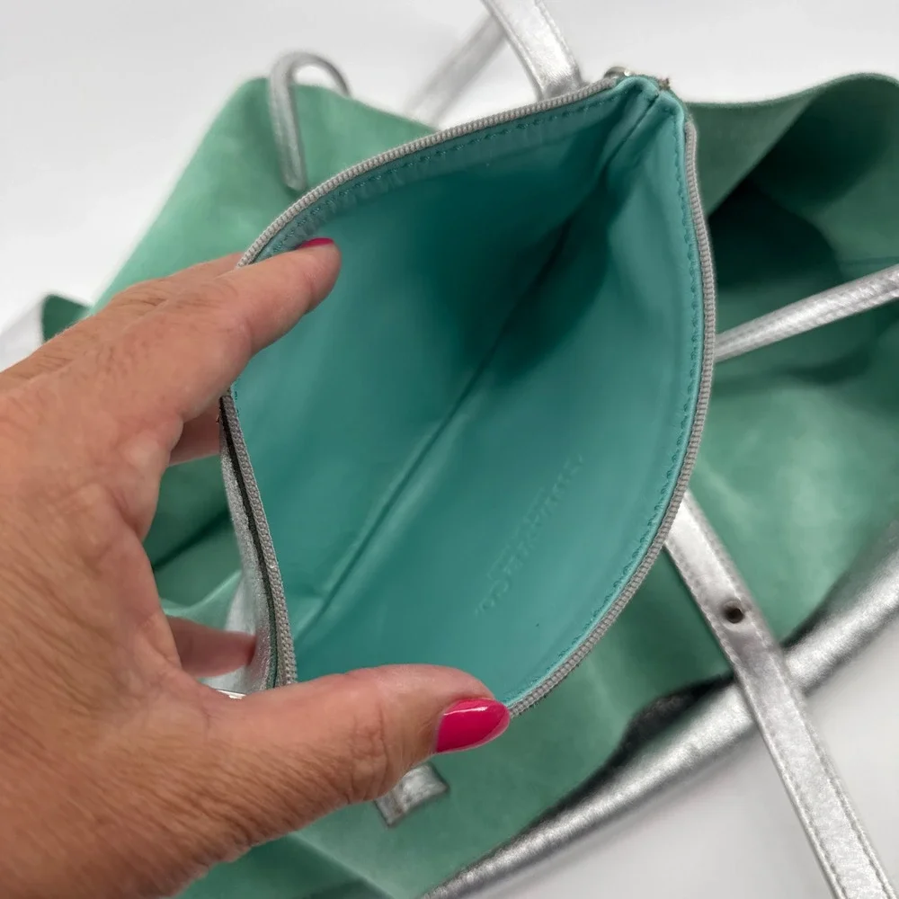 Tiffany & Co Metallic Silver Leather Reversible Tote Bag Tiffany Blue Suede LRG